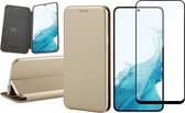 Hoesje geschikt voor Samsung Galaxy S22 - Book Case Lederen Wallet Cover Minimalistisch Pasjeshouder Hoes Goud - Full Tempered Glass Screenprotector