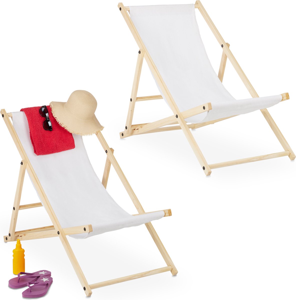 Relaxdays strandstoel hout - set van 2 - inklapbaar - opvouwbare ligstoel - verstelbaar - wit