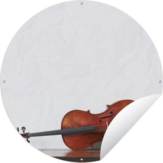 Tuincirkel Een cello op een houten tafel - 120x120 cm - Ronde Tuinposter - Buiten XXL / Groot formaat!