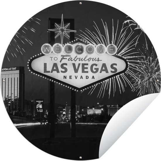 Tuincirkel Welkomstbord van Las Vegas met vuurwerk - 120x120 cm - Ronde Tuinposter - Buiten XXL / Groot formaat!