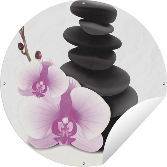 Tuincirkel Orchidee naast zen stenen - 90x90 cm - Ronde Tuinposter - Buiten