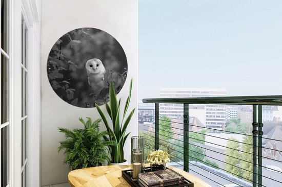 Cercle de jardin Hibou sur une branche - noir et blanc - 60x60 cm - Affiche de jardin ronde - Extérieur