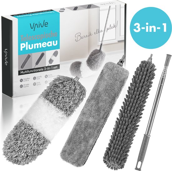 Emballage du set de plumeaux 3-en-1 VAIVE avec manche télescopique et trois embouts.