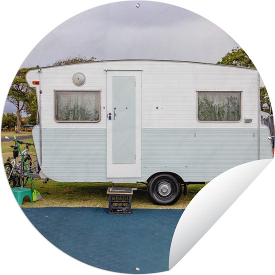 Tuincirkel Caravan - Blauw - Camping - 60x60 cm - Ronde Tuinposter - Buiten