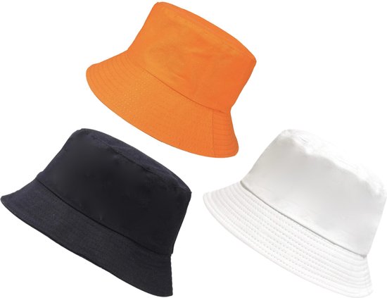 3-Set Bucket Hats ASTRADAVI - vissershoedje - zonnehoedje - 100% Katoenen Emmer Hoeden voor Dames, Heren, Tieners, Unisex. Oranje, Zwart & Wit (3 Stuks)