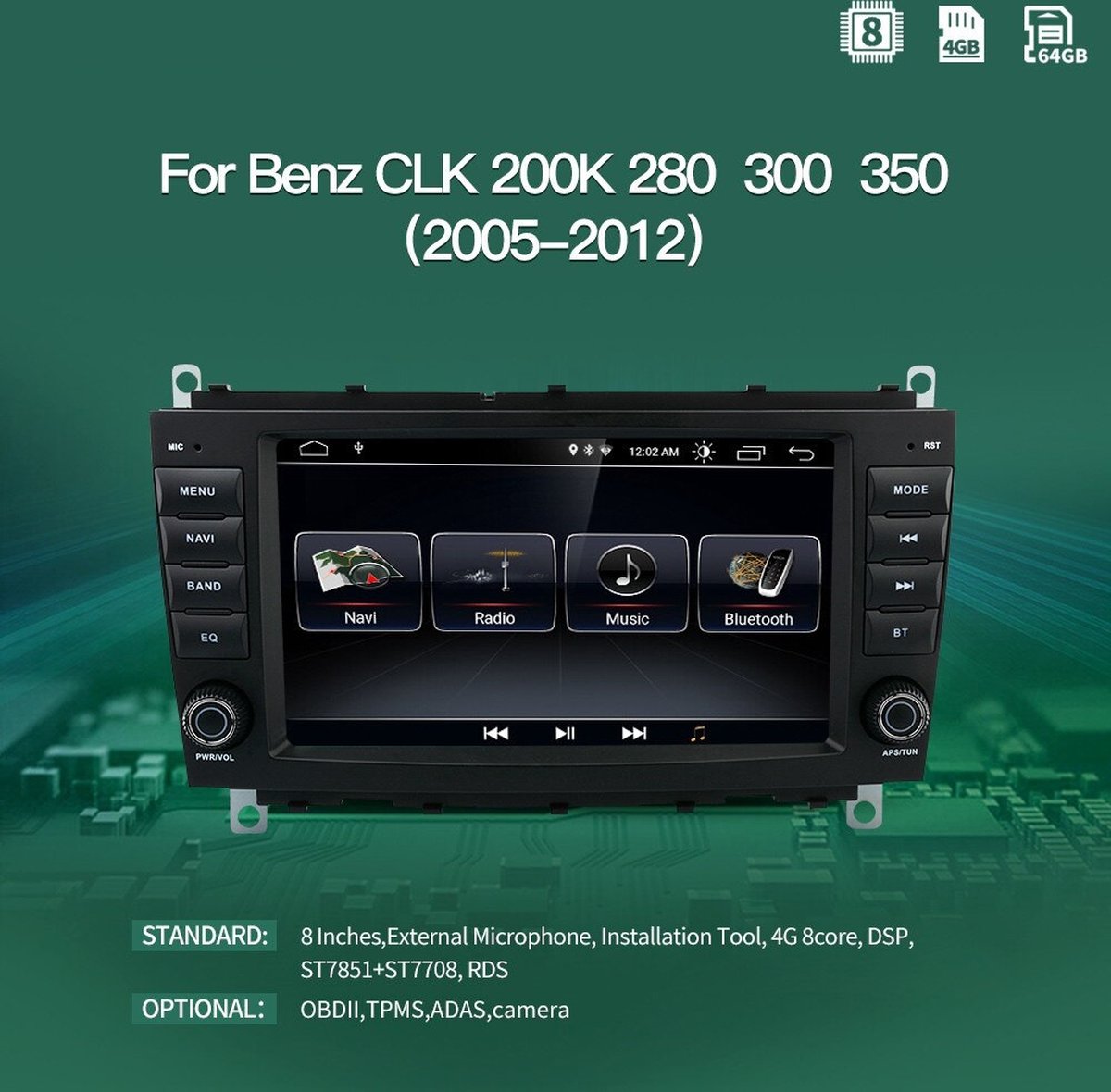 Mercedes Benz CLK klasse W209 2004 t/m 2010 Navigatiesysteem CAN-BUS met Bluetooth Autoradio Aux en USB - Dubbel din - Android 10 - 8 core 4GB RAM 64GB ROM