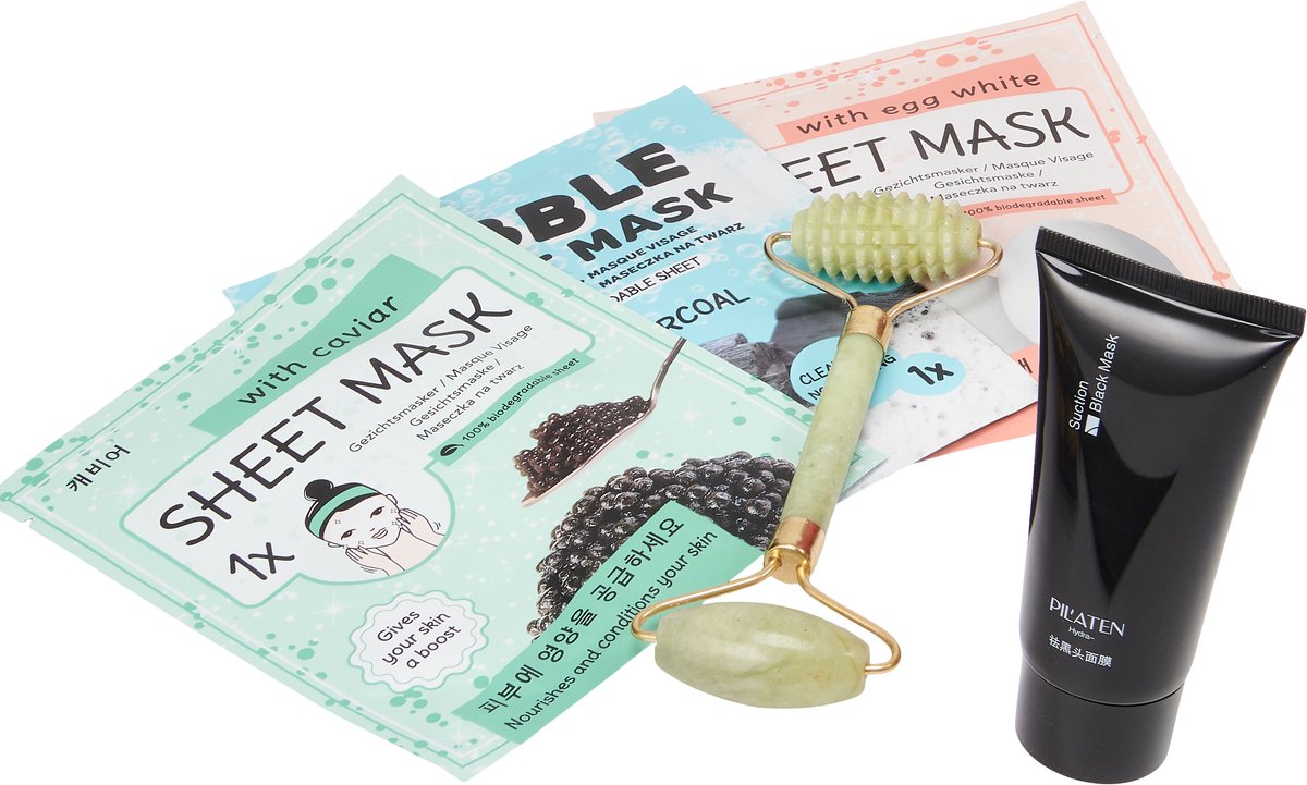 GreatGift® - Beauty Pakket - Jade Roller - Gezichtsmaskers - Cadeau voor haar - Liefdes ketting 100 talen