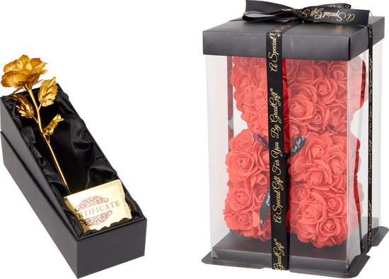 GreatGift - Rose dorée dans une boîte de Luxe avec ours rose - Fleurs -  Cadeau... | bol.com