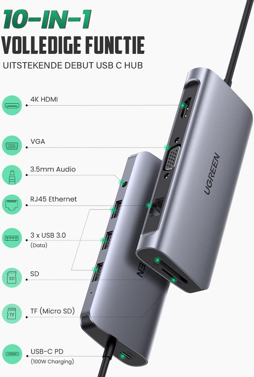 USB Type C Hub Multiport Adapter - 3 USB 3.0 Poorten - 10 in 1 USB C Dongle Ethernet Docking Station - 100W Stroomlevering - 3.5mm Audio Jack - USB C Hub