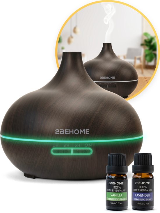 2behome aroma diffuser 550ml met afstandsbediening + 2 gratis etherische olie - 7 led kleuren - donkere houtlook - luchtbevochtiger - aromadiffusers - geurverspreider - cadeau