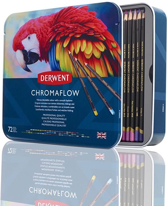 Een open blik van Derwent Chromaflow potloden, met ara-illustratie. Potloden met zwarte schacht.