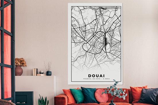 Impression sur Toile Carte - Carte - France - Plan de Ville - Douai - Zwart et Blanc - 120x180 cm - Décoration murale XXL