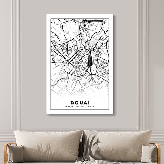 Impression sur Toile Carte - Carte - France - Plan de Ville - Douai - Zwart et Blanc - 120x180 cm - Décoration murale XXL