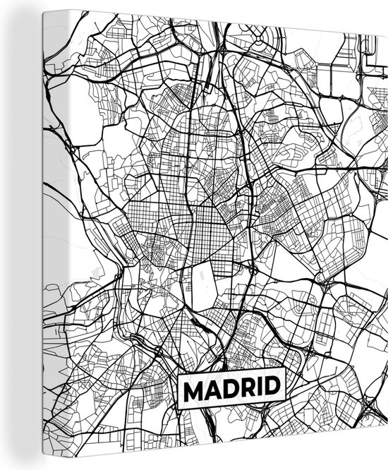 Canvas Schilderij Madrid - Zwart Wit - Stadskaart - Plattegrond - Kaart - 90x90 cm - Wanddecoratie