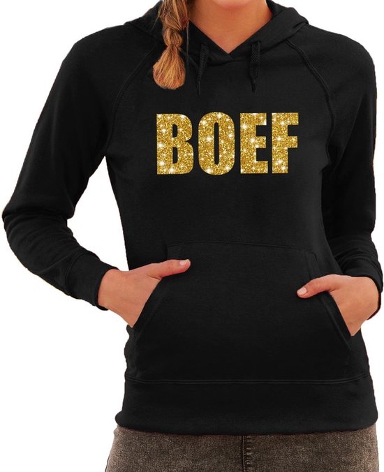 BOEF goud glitter tekst hoodie zwart dames zwarte fun sweater trui met capuchon XS bol