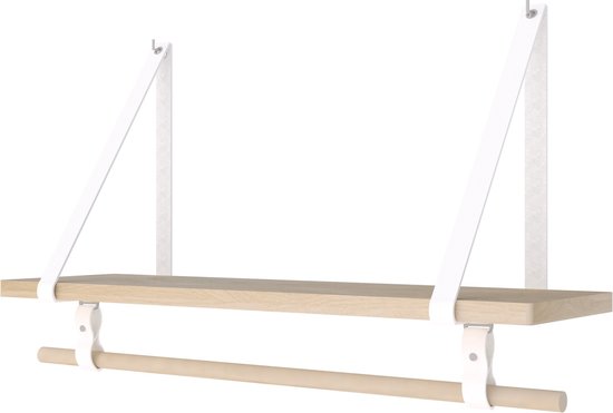Plankje Roe 70cm - Handles and more® | WIT (Complete set: leren plankdragers + plank eikenhout + roede)