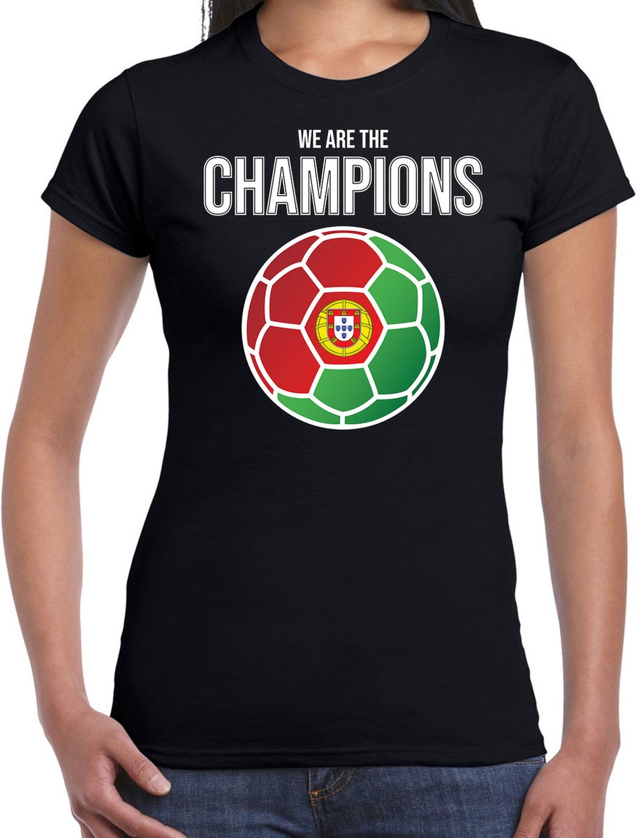 Portugal EK/ WK supporter t-shirt - we are the champions met Portugese voetbal - zwart - dames - kleding / shirt M
