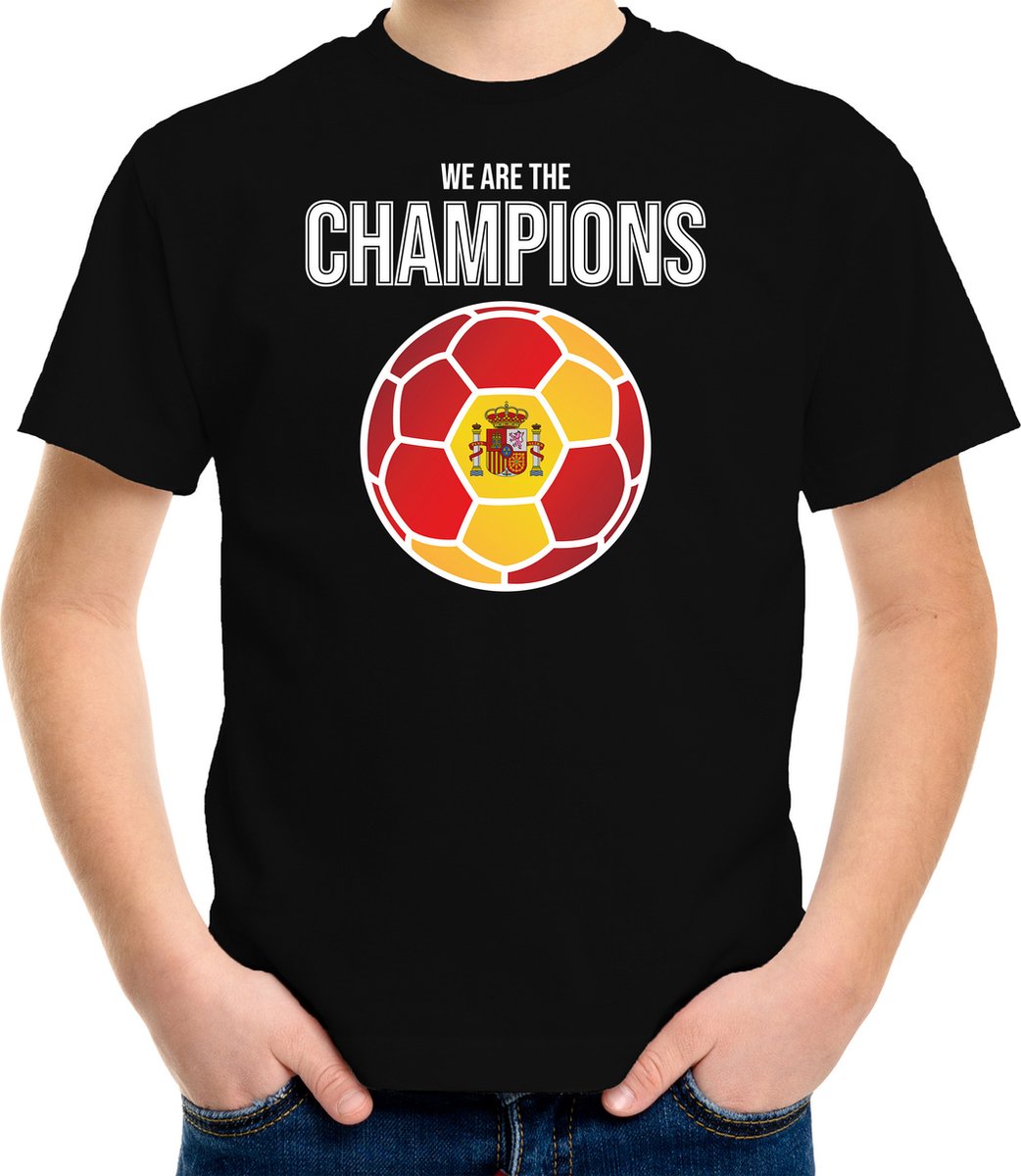 Spanje EK/ WK supporter t-shirt - we are the champions met Spaanse voetbal - zwart - kinderen - kleding / shirt 146/152