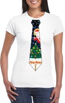 Wit kerst T-shirt voor dames - Kerstman en kerstboom stropdas print L
