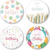 Sluitsticker Sticker - Happy Birthday - 4 assorti – Hartelijk Gefeliciteerd - Pastel | Envelop - Traktatiezakje | Envelop sticker | Cadeau – Gift – Cadeauzakje – Traktatie – Kadozakje | Chique inpakken | Verjaardag – Feest – Birthday | DH Collection