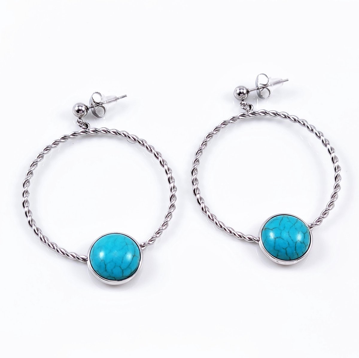 Turquoise Oorbellen Dames - Stalen Zilverkleur - Oorhangers - Natuursteen - Bungelende - Gedraaide