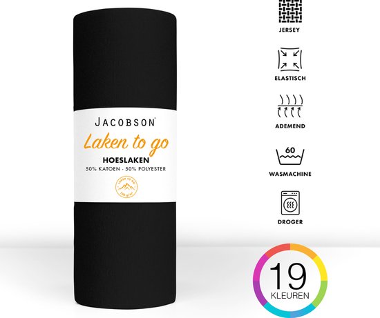 Drap housse noir roulé avec étiquette JACOBSON Laken to go, avec icônes pour JERSEY, ÉLASTIQUE, RESPIRANT, LAVAGE EN MACHINE et SÈCHE-LINGE. 19 COULEURS.