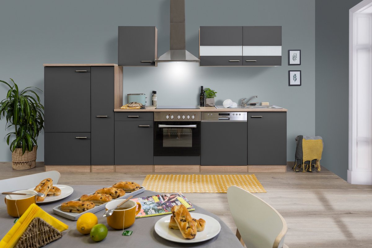 Respekta® Keukenblok 310 cm complete keuken met apparatuur soft close Zwart Moderne keuken Merle keramische kookplaat vaatwasser afzuigkap oven spoelbak