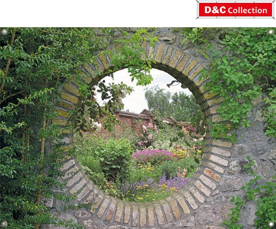 D&C Collection - tuinposter - 65x90 cm - stenen doorkijk - Geheime tuin bloemen - schuttingposter - tuindoek - muur decoratie