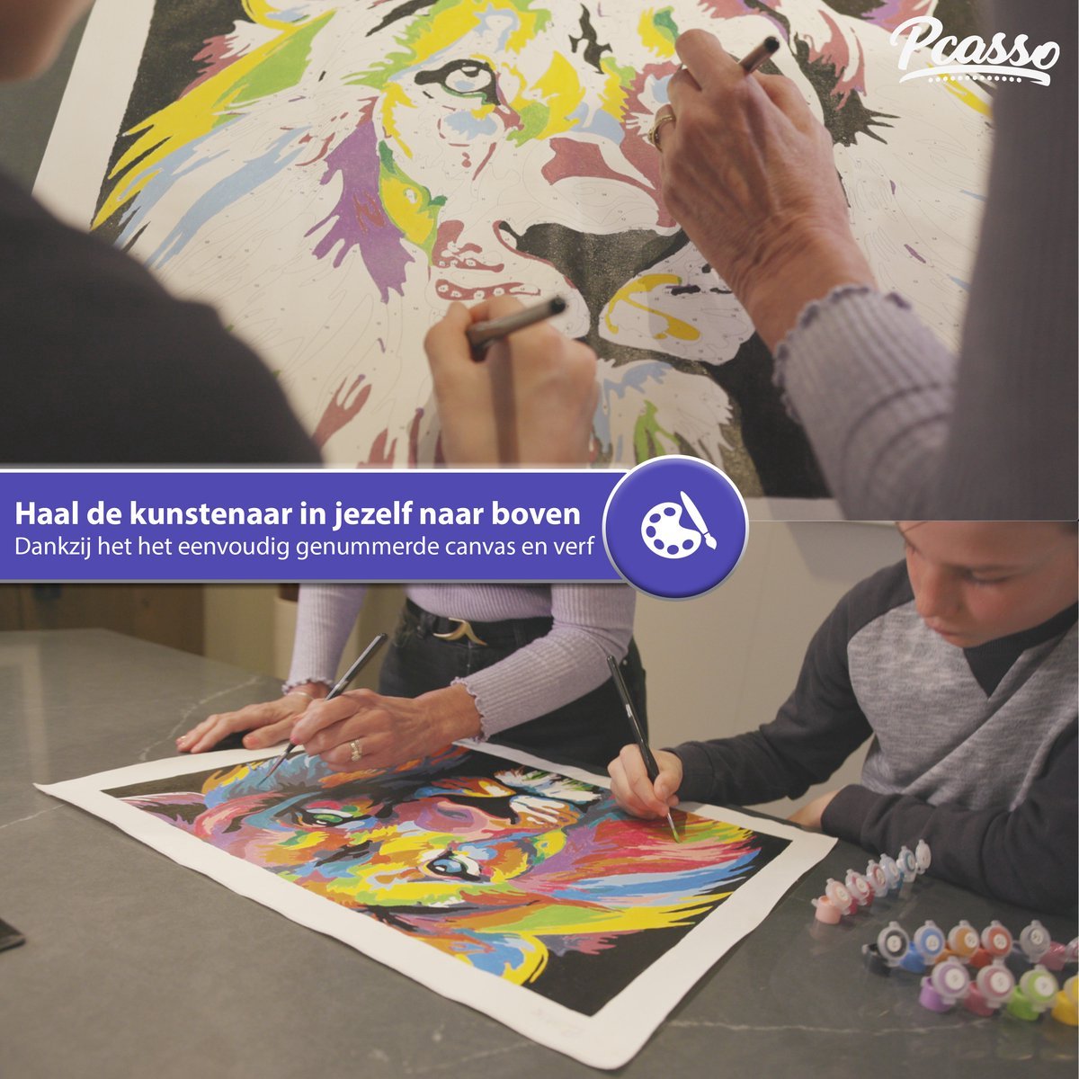 Pcasso ® Olifanten Zonsondergang – Schilderen Op Nummer – Incl. 3 Ergonomische Penselen & Geschenkverpakking - Schilderen Op Nummer Volwassenen – Schilderen Op Nummer Dieren – Kleuren Op Nummer – 40x50 cm – Professionele 26-Delige Set — afbeelding 4
