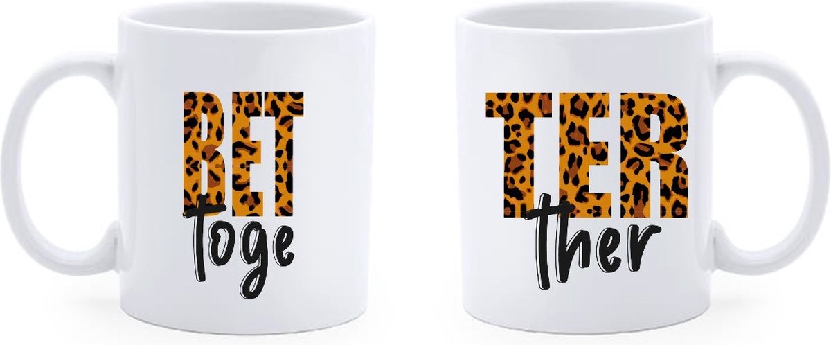 Bedrukte Beker Better Together set 2 stuks - Huwelijk - Samenwonen - Spreuk - mok - Koffie - Thee -Qoutes - Geschenk - Verjaardag - Gepersonaliseerd Cadeau