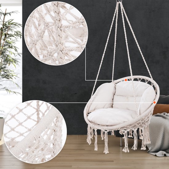 Detex Hangstoel - 2 Kussens Belastbaar tot 150kg 80x60x140cm - Crème