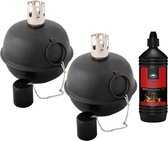 Set van 2x stuks tuimeltoorts/olielamp zwart met heldere lampenolie/fakkelolie - Tuinfakkel - Olielamp - Lampolie