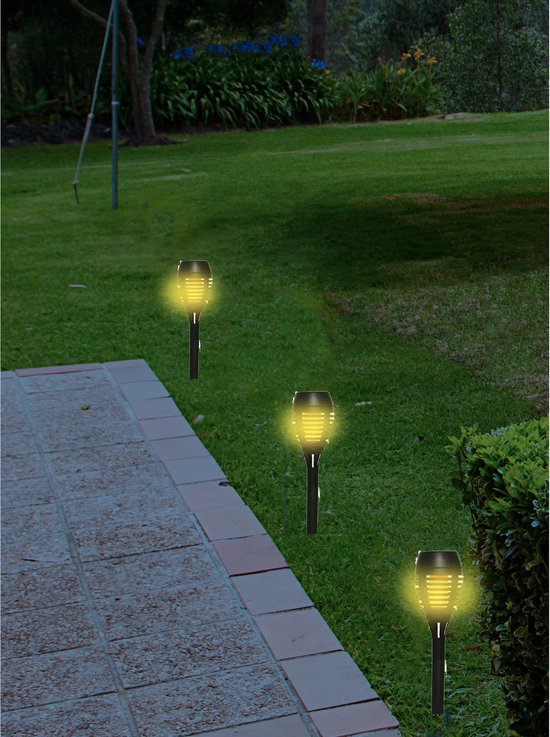 Set van 4x stuks Solar tuinfakkels/tuinlampen/lichtjes met vlam-effect op zonne-energie van 27 cm - Prikspots tuinverlichting - Lumineo