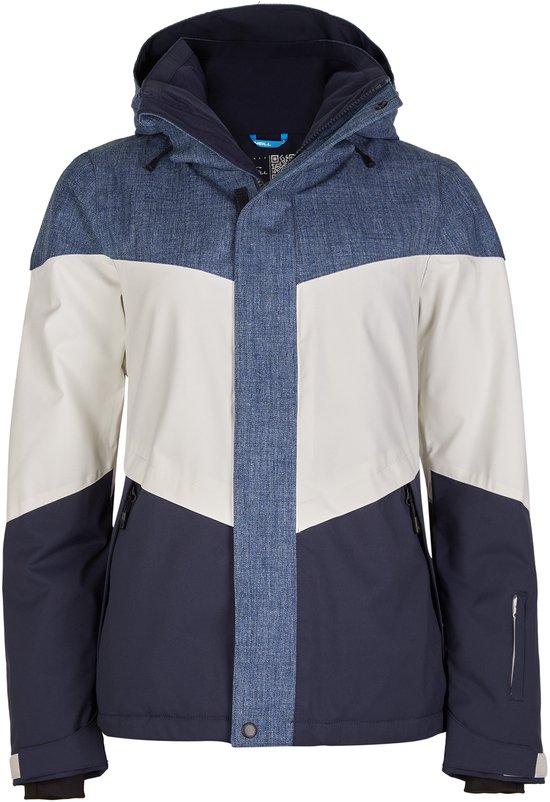 Ski-jack voor dames in blauw, wit en donkerblauw met een kleurblokontwerp. Met capuchon en opstaande kraag.