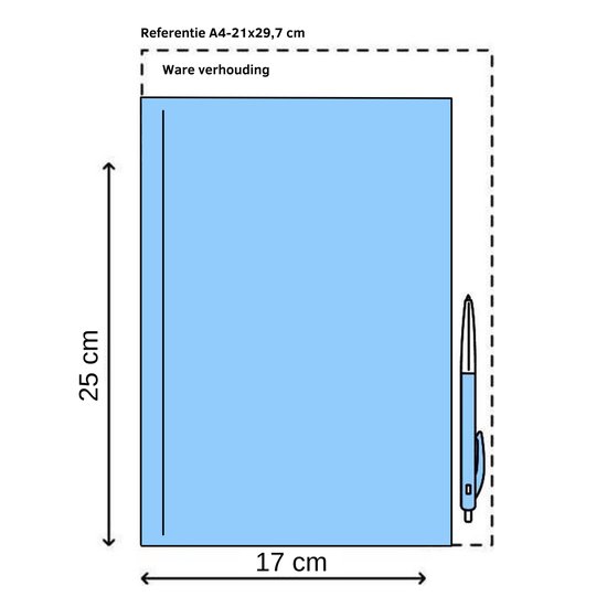 Een blauwe schets van een dagboek van 25 cm bij 17 cm, met een pen ernaast.