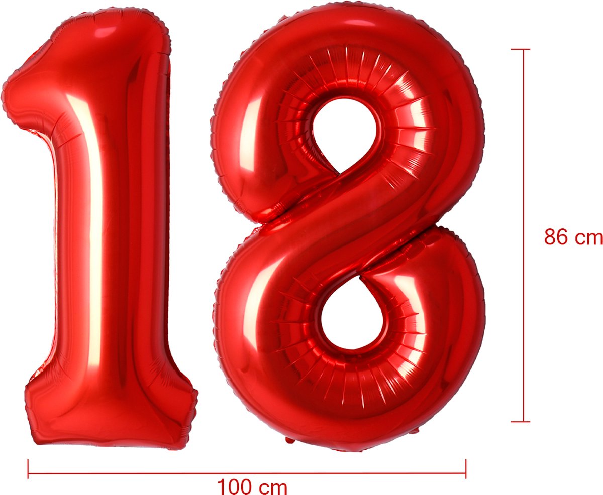 Folie Ballon Cijfer 18 Jaar Rood Verjaardag Versiering Helium Cijfer ballonnen Feest versiering Met Rietje - 86Cm — afbeelding 2