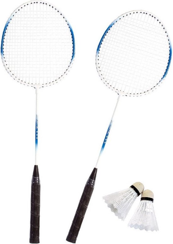 Badmintonset blauw/wit met rackets shuttles en opbergtas 66 cm - voordelige badminton set