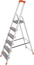 Mara Aluminium Ladder Met 6 Treden - Ladders - Werkladder - Huishoudladder - Met Gereedschapsbak - Zilver/Oranje