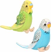 Pluche knuffel parkieten setje vogels blauw en groen 11 cm - Tropische deco vogels