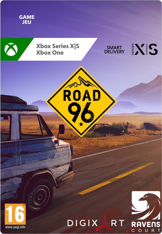De cover van Road 96 met een busje op een weg in de woestijn en een geel waarschuwingsbord 'ROAD 96'.