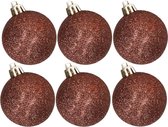 6x stuks kunststof glitter kerstballen donkerbruin 8 cm - Onbreekbare kerstballen - Kerstversiering