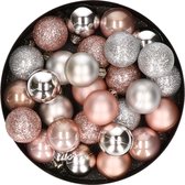 28x stuks kunststof kerstballen lichtroze en zilver mix 3 cm - Kerstboomversiering