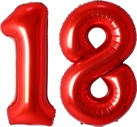 Ballon Cijfer 18 Jaar Rood Helium Ballonnen Verjaardag Versiering Cijfer ballonnen Feest versiering Met Rietje - 70Cm