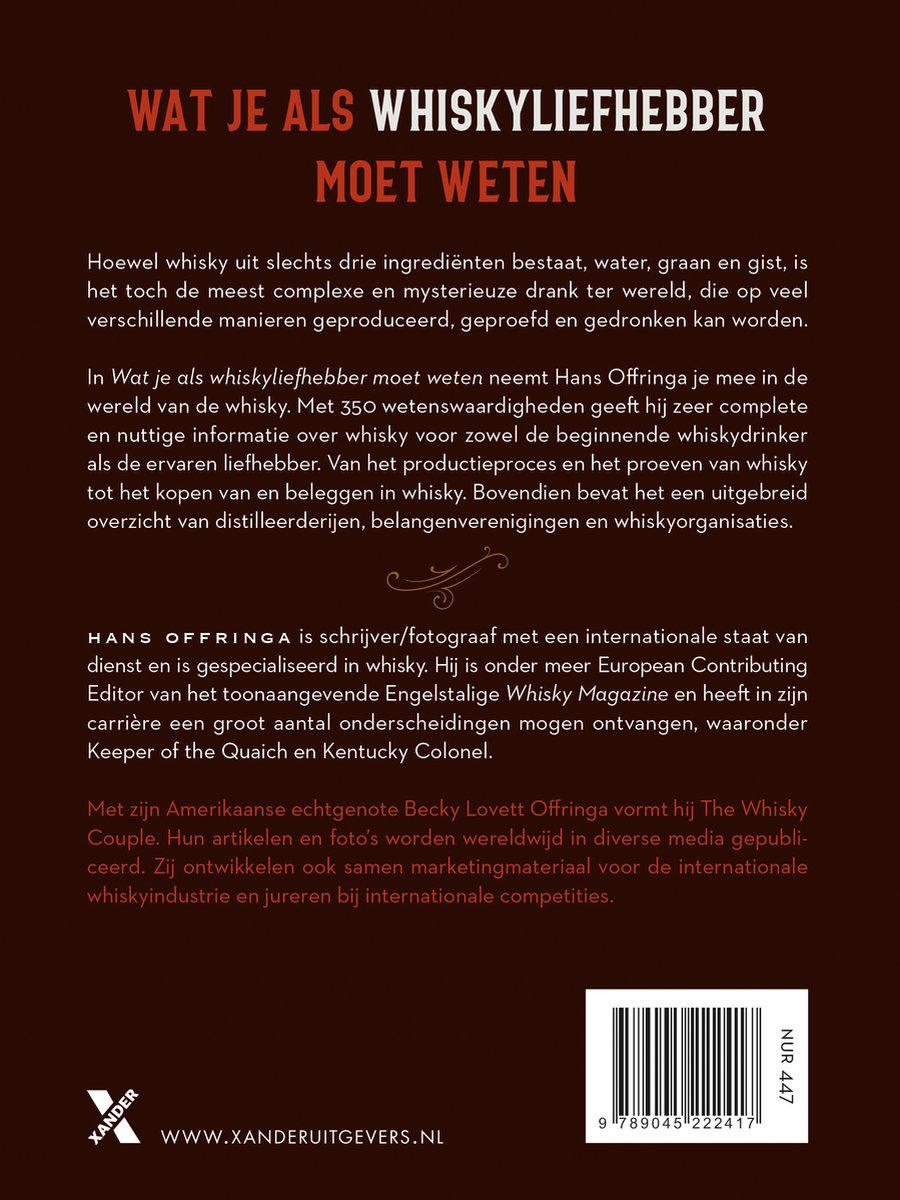 Achterkant boek met de titel 'Wat je als whiskyliefhebber moet weten', tekst over Hans Offringa en Becky Loveitt Offringa, ISBN-barcode en 'Xander Uitgevers'.