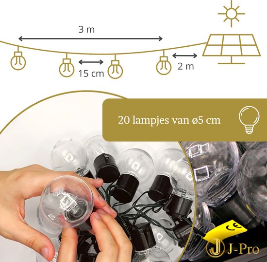 J-Pro Frigus 20 Lichtsnoer Buiten op Zonne-Energie - Solar Tuinverlichting - Buiten Lichtslinger - 20 LEDs Tuinverlichting Zonne-Energie - 3+2m - ø5cm - J-Pro