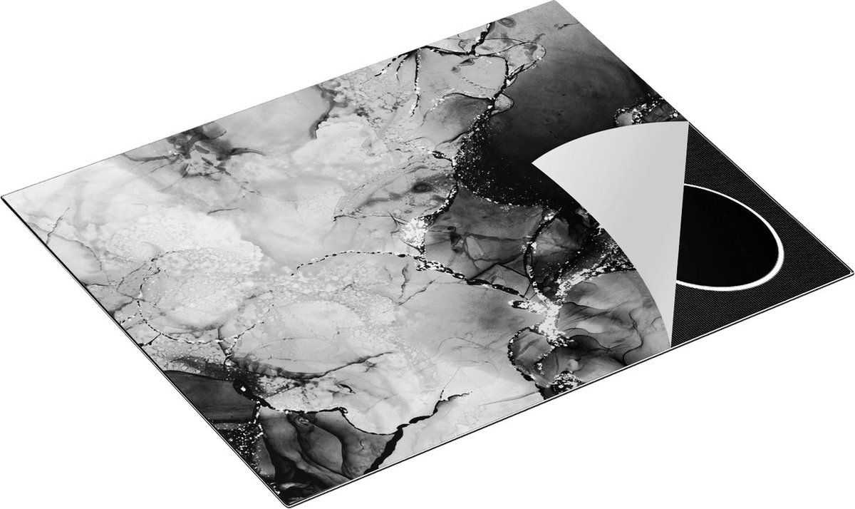 Chefcare Inductie Beschermer Abstracte Kunst - Donkere en Lichte Marmer - Zwart Wit - 65x55 cm - Afdekplaat Inductie - Kookplaat Beschermer - Inductie Mat