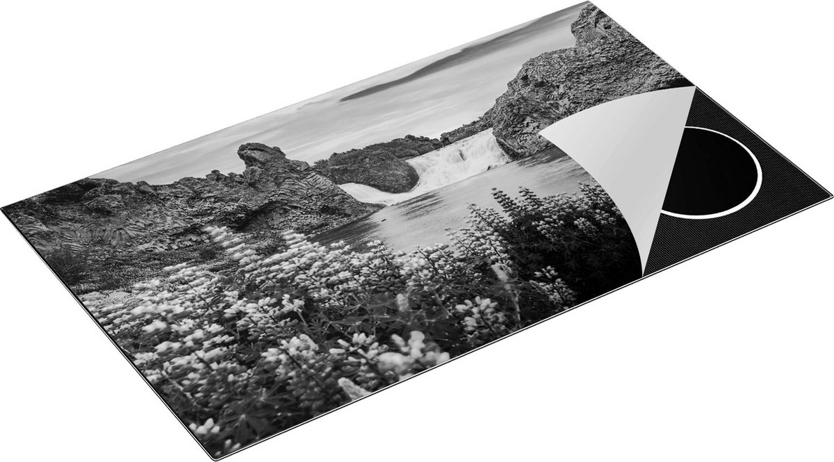 Chefcare Inductie Beschermer Waterval met Blauwe Lupine Bloemen - Zwart Wit - 89,6x51,6 cm - Afdekplaat Inductie - Kookplaat Beschermer - Inductie Mat