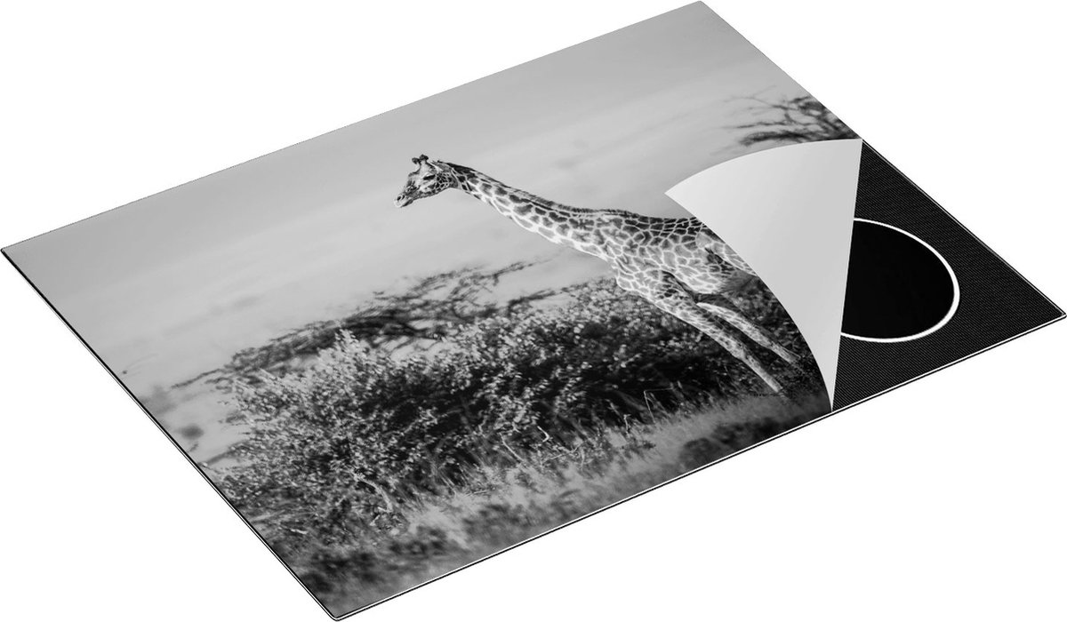 Chefcare Inductie Beschermer Giraffe in het Wild tussen de Struiken - Zwart Wit - 71x52 cm - Afdekplaat Inductie - Kookplaat Beschermer - Inductie Mat