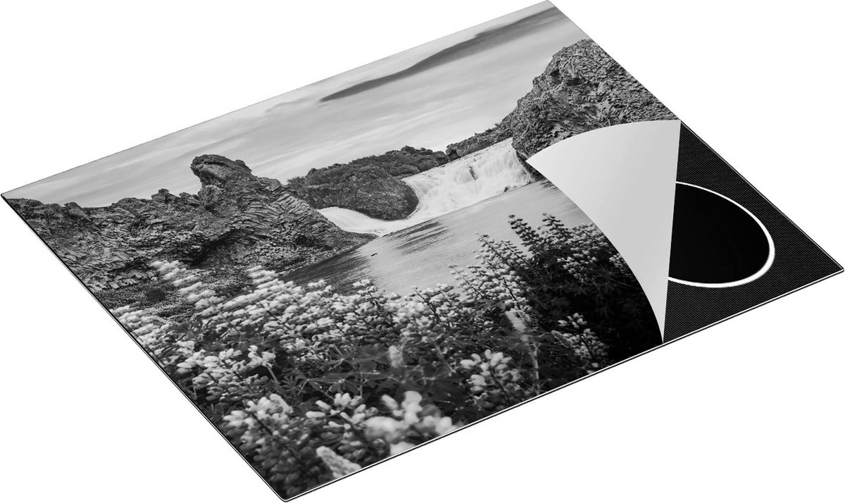 Chefcare Inductie Beschermer Waterval met Blauwe Lupine Bloemen - Zwart Wit - 65x55 cm - Afdekplaat Inductie - Kookplaat Beschermer - Inductie Mat