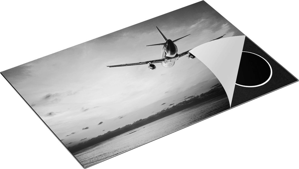 Chefcare Inductie Beschermer Vliegtuig Boven de Zee bij Zonsondergang - Zwart Wit - 80x50 cm - Afdekplaat Inductie - Kookplaat Beschermer - Inductie Mat